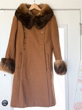 50s Long Wool Princess Coat Genuine Fur Collar & Cuffs Camel Brown